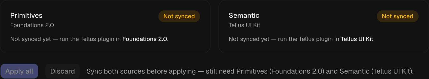 The Admin token-sync dashboard with the Primitives and Semantic source cards