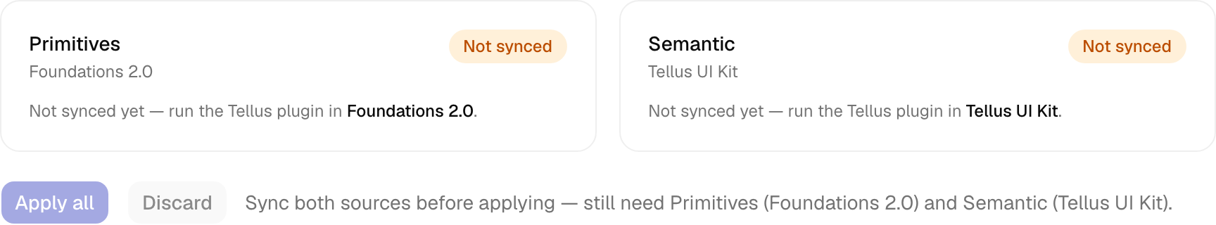 The Admin token-sync dashboard with the Primitives and Semantic source cards